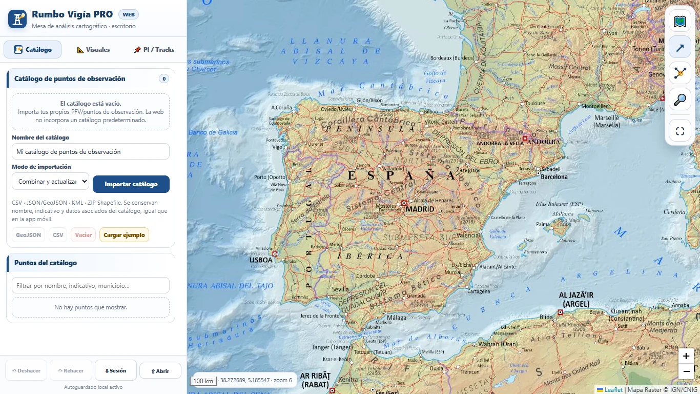 Pantalla principal de Rumbo Vigía Web con mapa y herramientas cartográficas