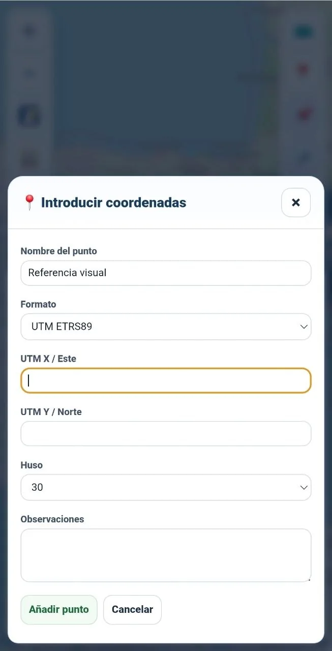 Ventana para introducir manualmente un punto de interés mediante coordenadas