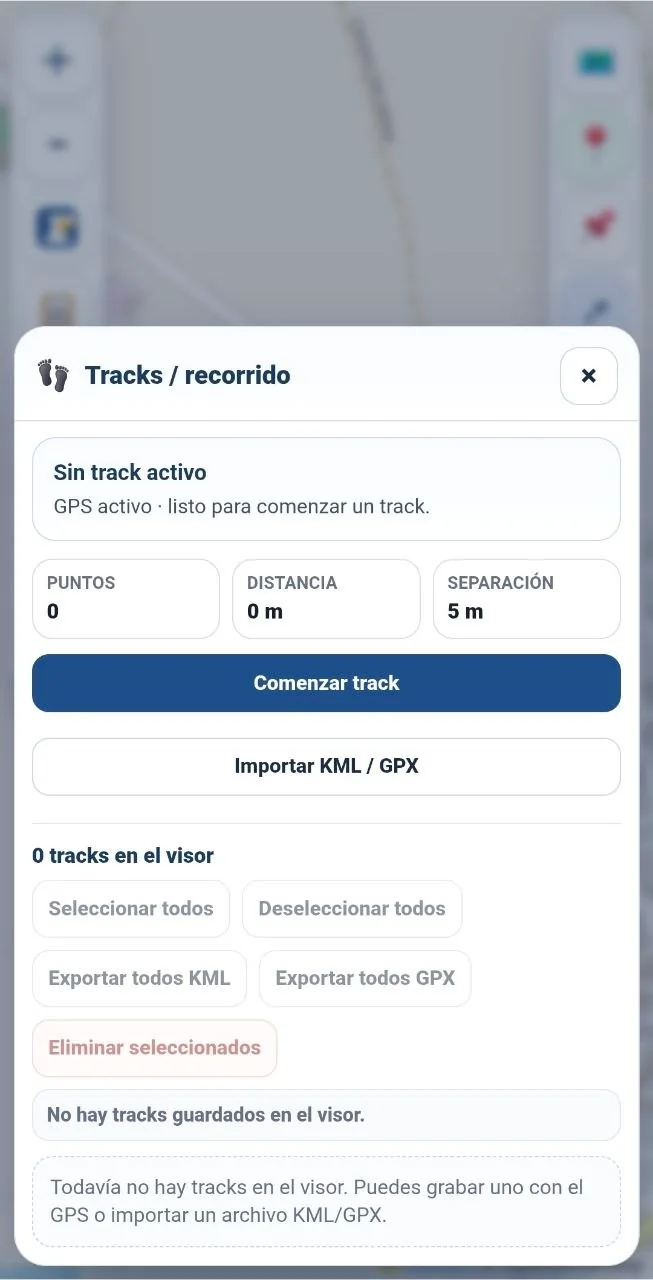 Ventana de Tracks antes de comenzar un recorrido