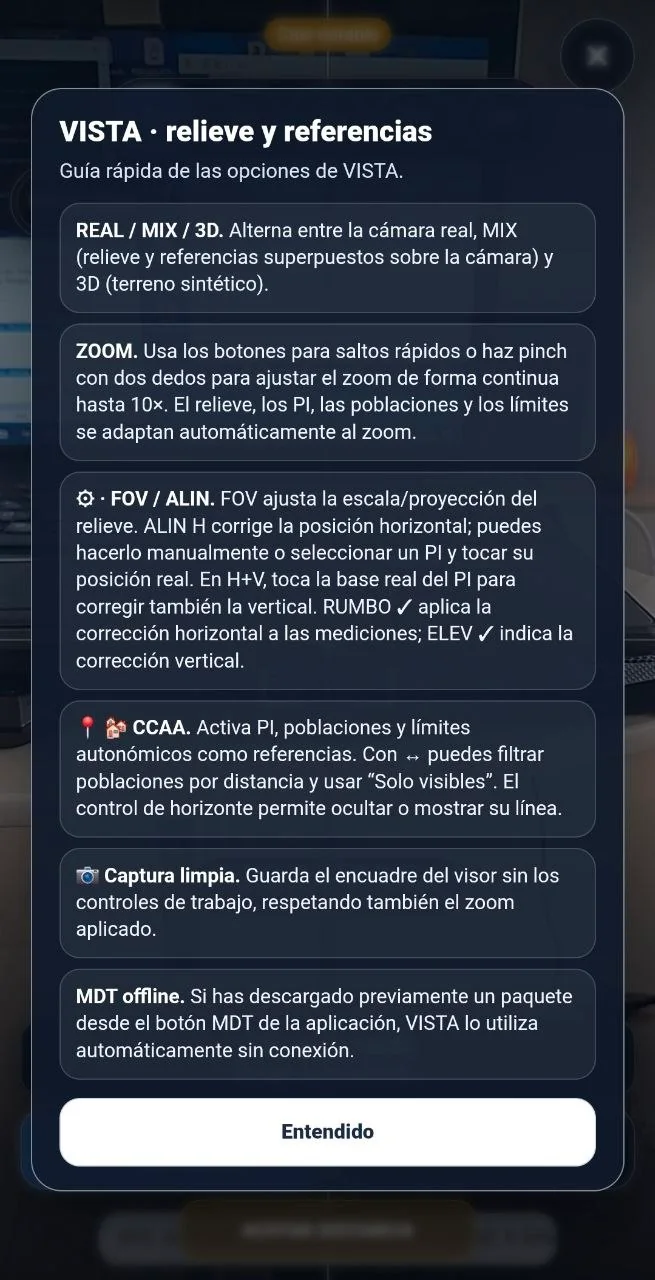 Onboarding actual de VISTA con resumen de modos, zoom, FOV, ALIN, referencias, captura limpia y MDT