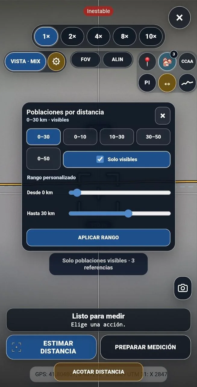 Panel de poblaciones por distancia con filtro Solo visibles
